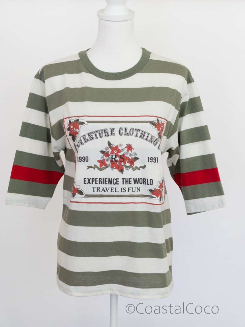 Vintage 90s River Stone Women’s T-Shirt Red Stripe Size M Travel Outdoor USA